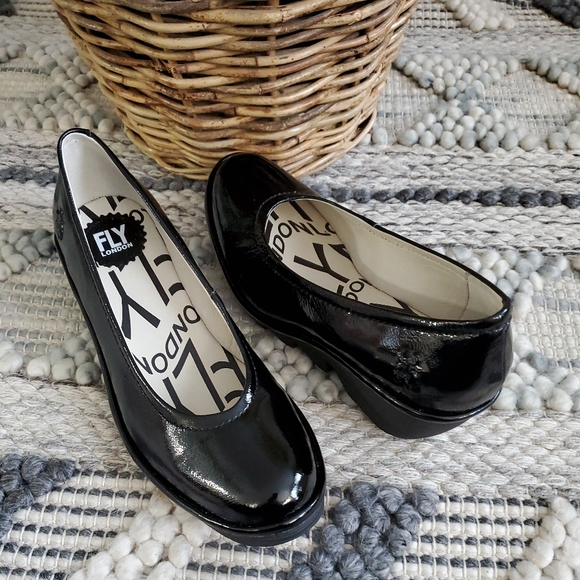 Fly London Shoes - Fly London Luxor Pump Patent Leather Black Platform Slip-On Wedge Sz US 9-9.5/40